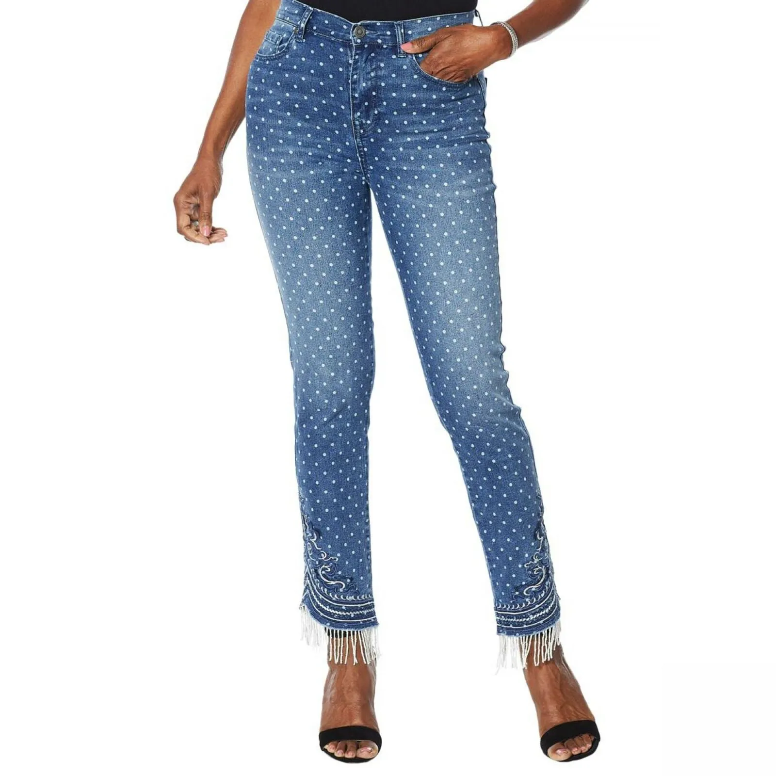 DG2 by Diane Gilman Women's Petite Stretch Embroidered Jean With Bead Fringe