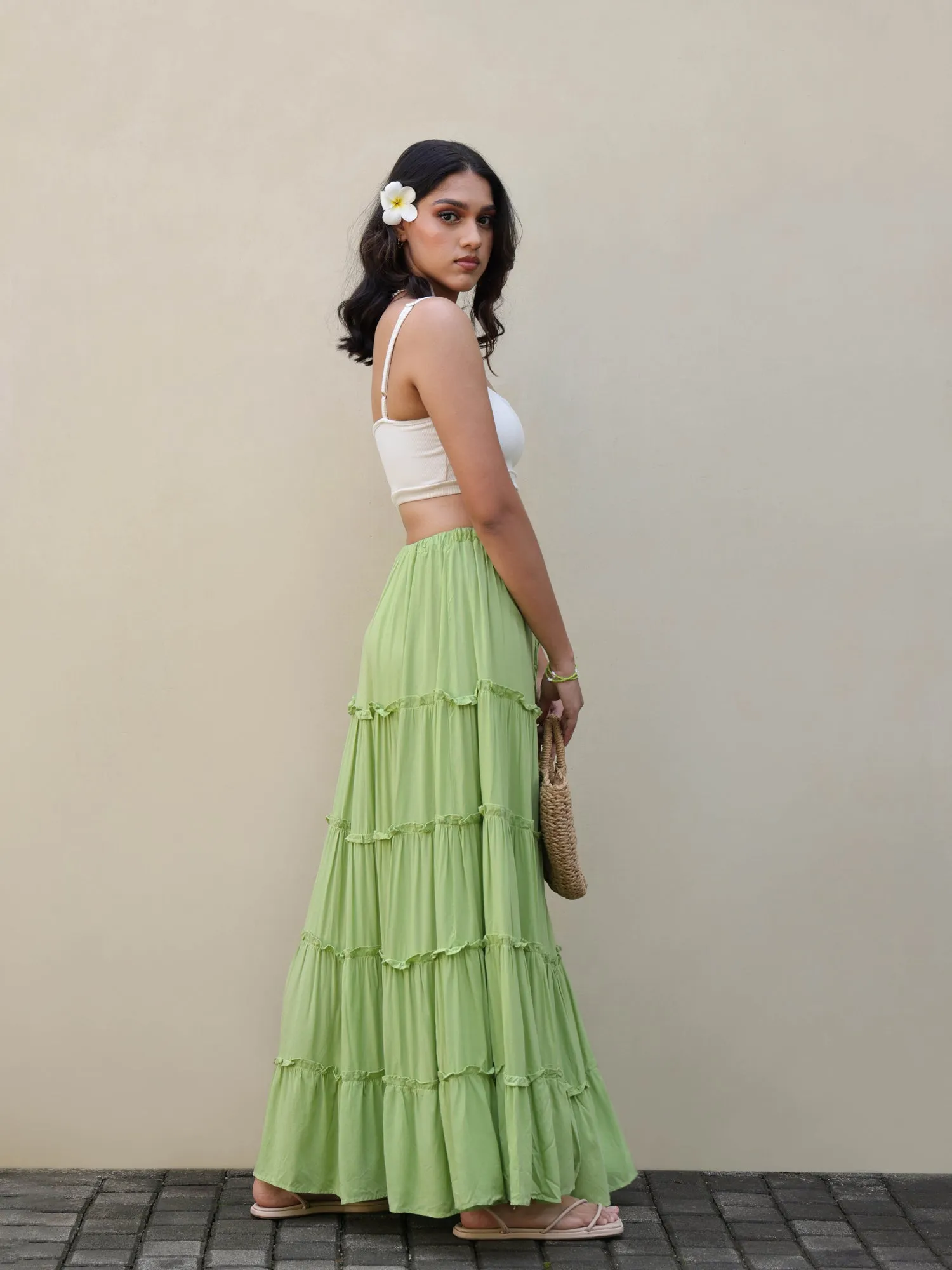 Drawstring Tiered Maxi Skirt