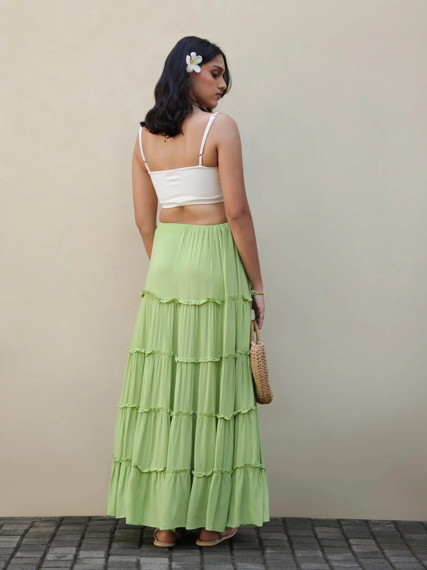 Drawstring Tiered Maxi Skirt