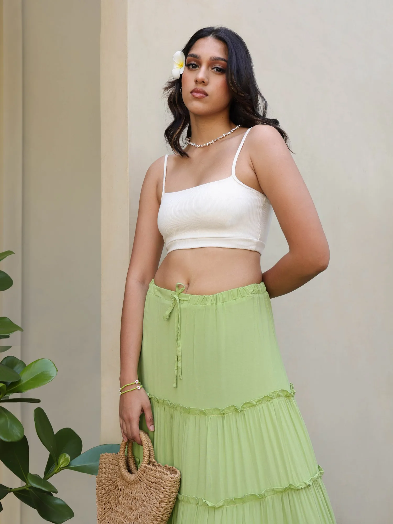Drawstring Tiered Maxi Skirt