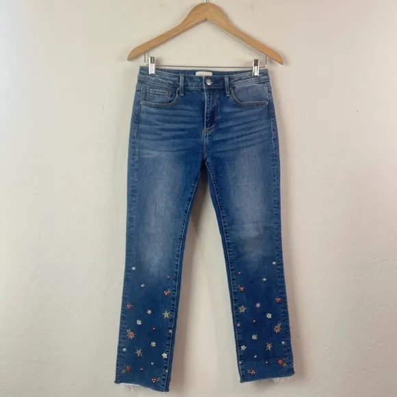 Driftwood Colette Floral Embroidered Crop Straight Leg Jeans in Prairie Size 2