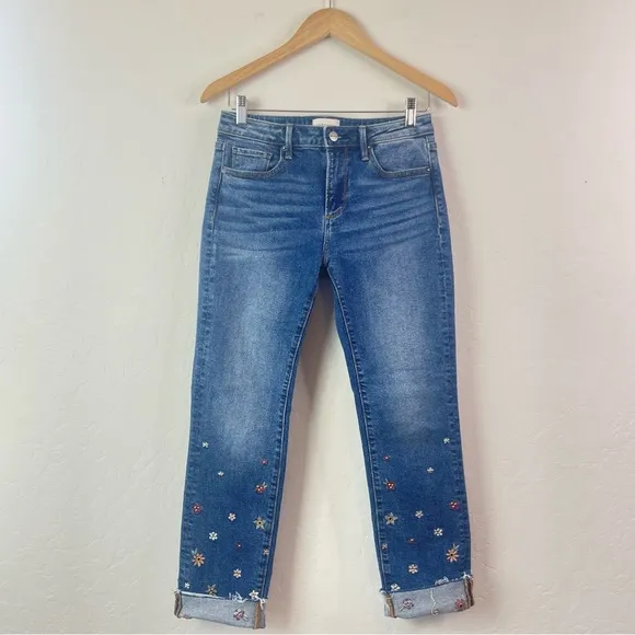 Driftwood Colette Floral Embroidered Crop Straight Leg Jeans in Prairie Size 2