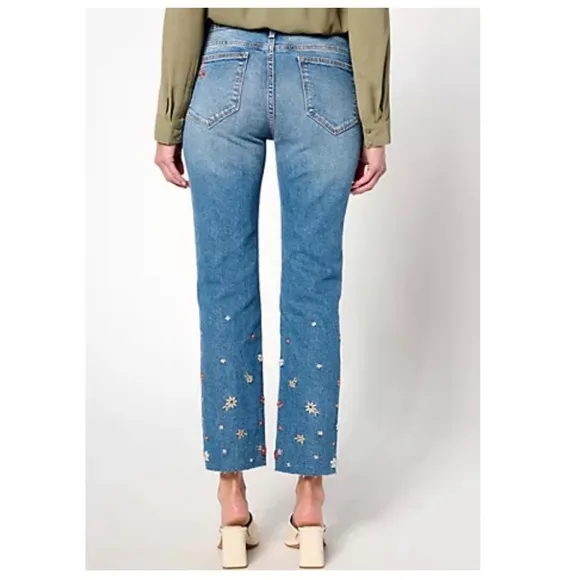 Driftwood Colette Floral Embroidered Crop Straight Leg Jeans in Prairie Size 2