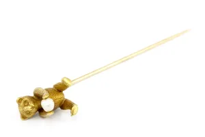 Edwardian 18K & 14K Yellow Gold Teddy Bear and Pearl Stick Pin