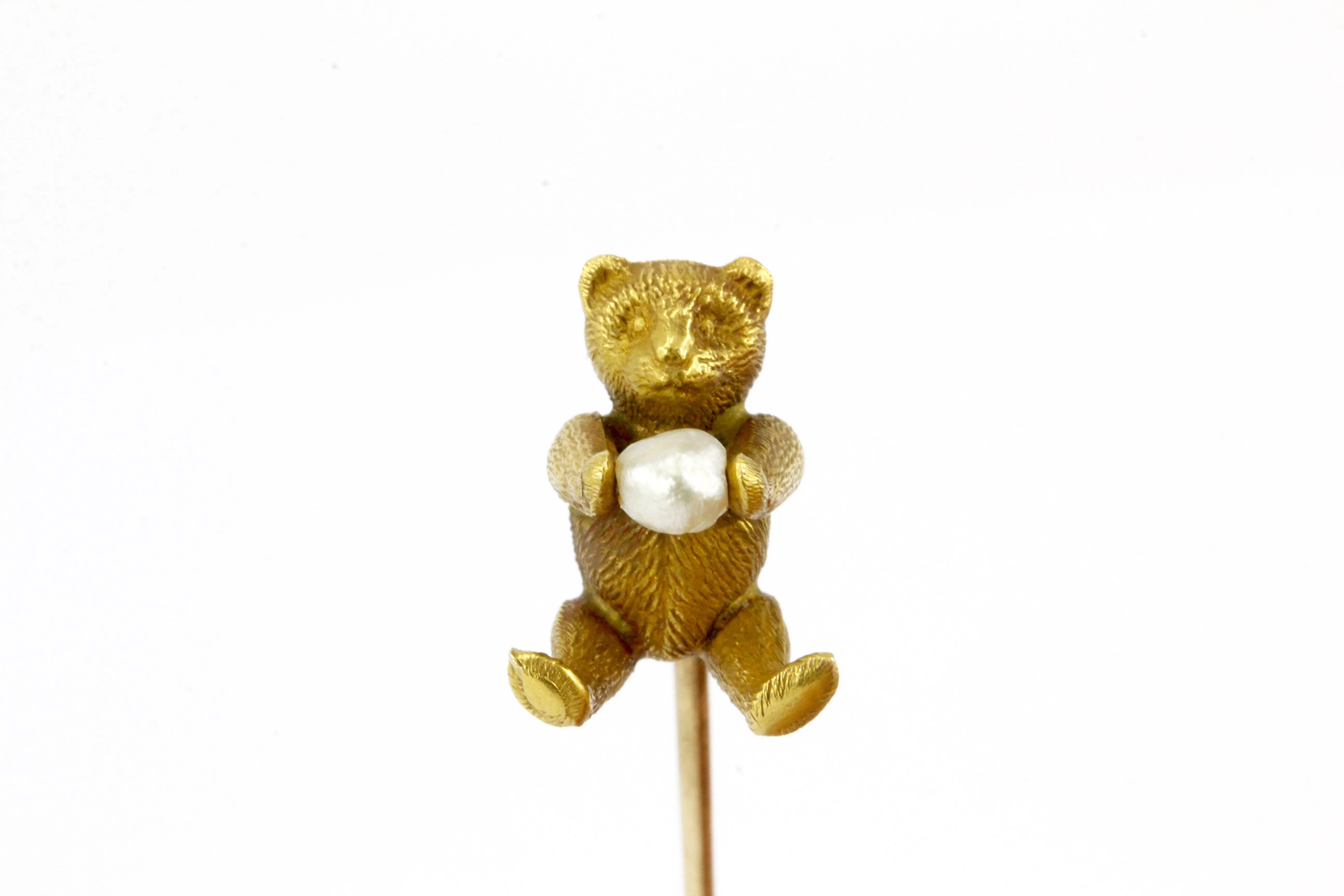 Edwardian 18K & 14K Yellow Gold Teddy Bear and Pearl Stick Pin