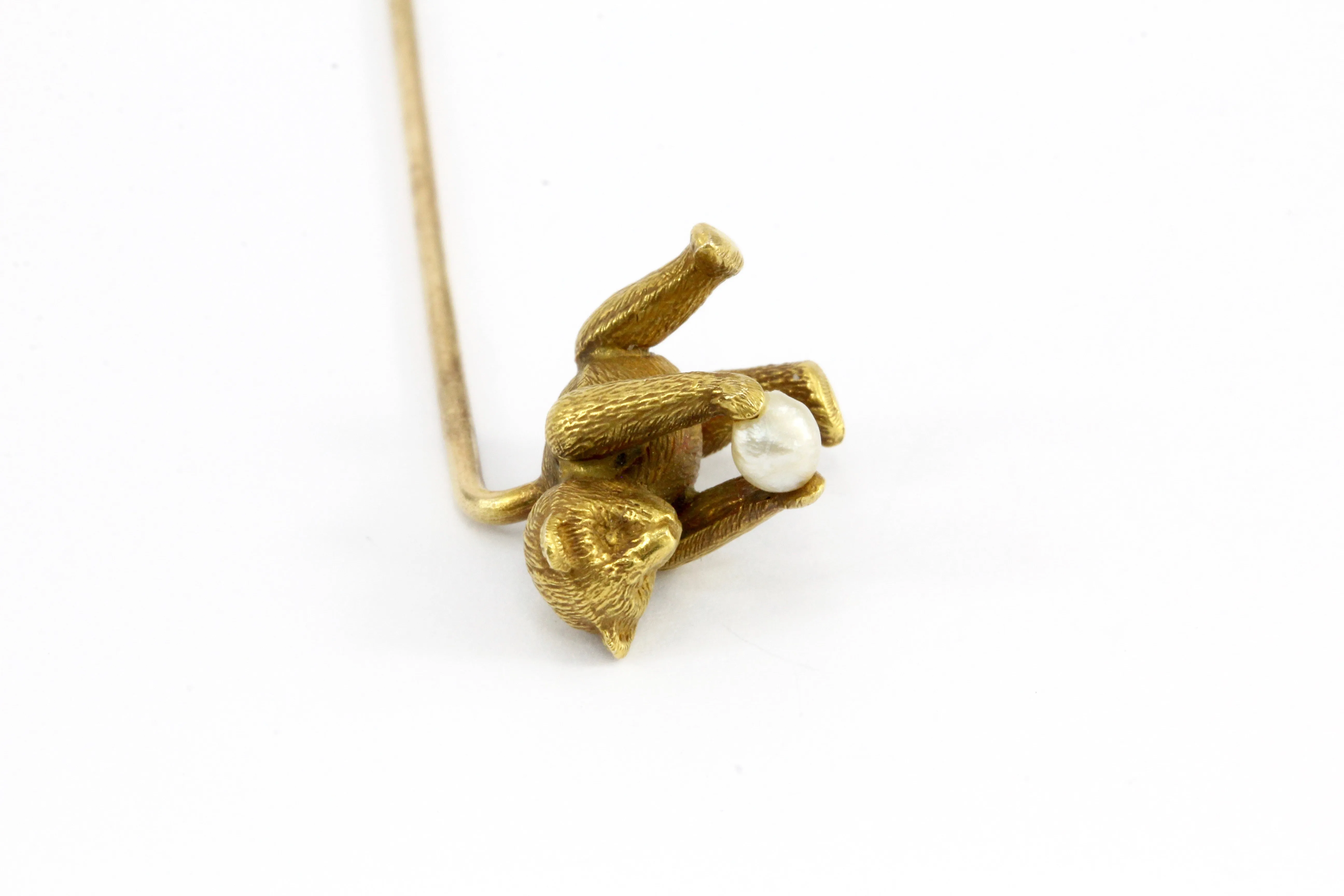 Edwardian 18K & 14K Yellow Gold Teddy Bear and Pearl Stick Pin