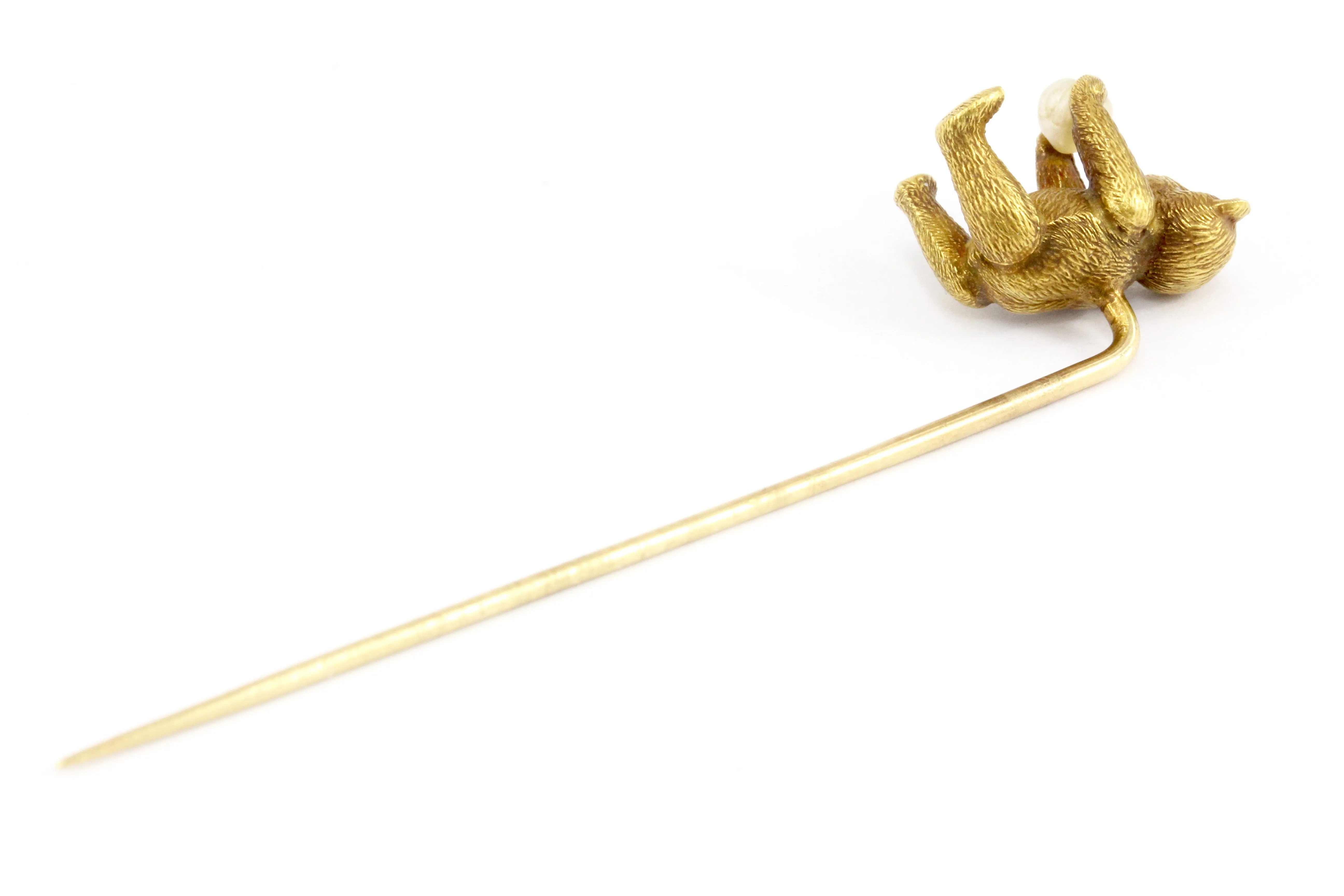 Edwardian 18K & 14K Yellow Gold Teddy Bear and Pearl Stick Pin