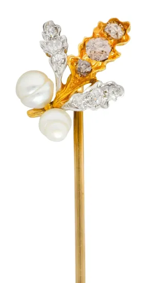 Edwardian Diamond Pearl Platinum-Topped 18 Karat Gold Foliate Antique Stickpin