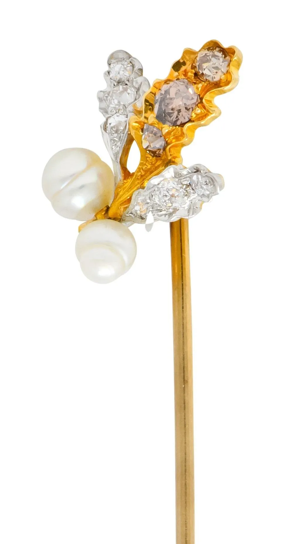 Edwardian Diamond Pearl Platinum-Topped 18 Karat Gold Foliate Antique Stickpin