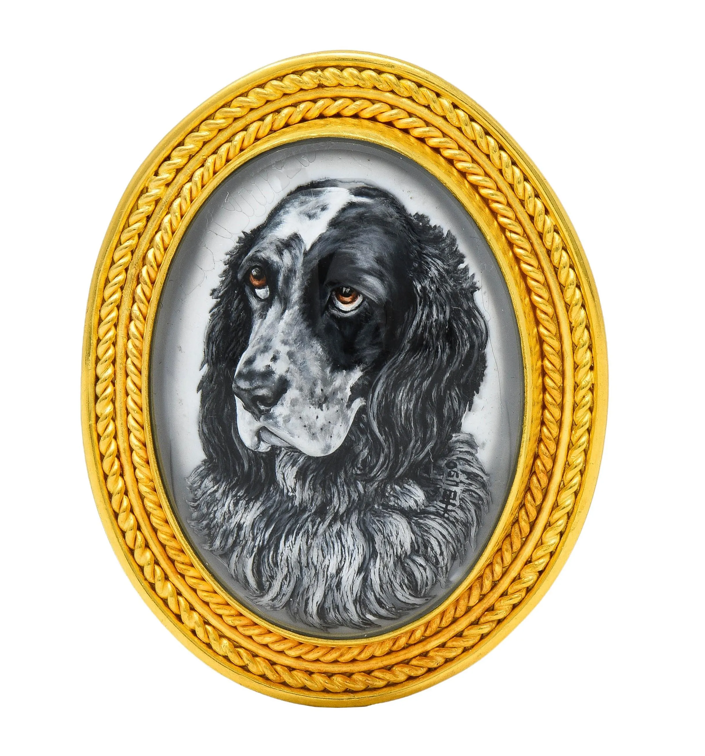 Edwardian Reverse Carved Essex Crystal 18 Karat Yellow Gold Painted English Spaniel Dog Cameo Antique Pendant Brooch