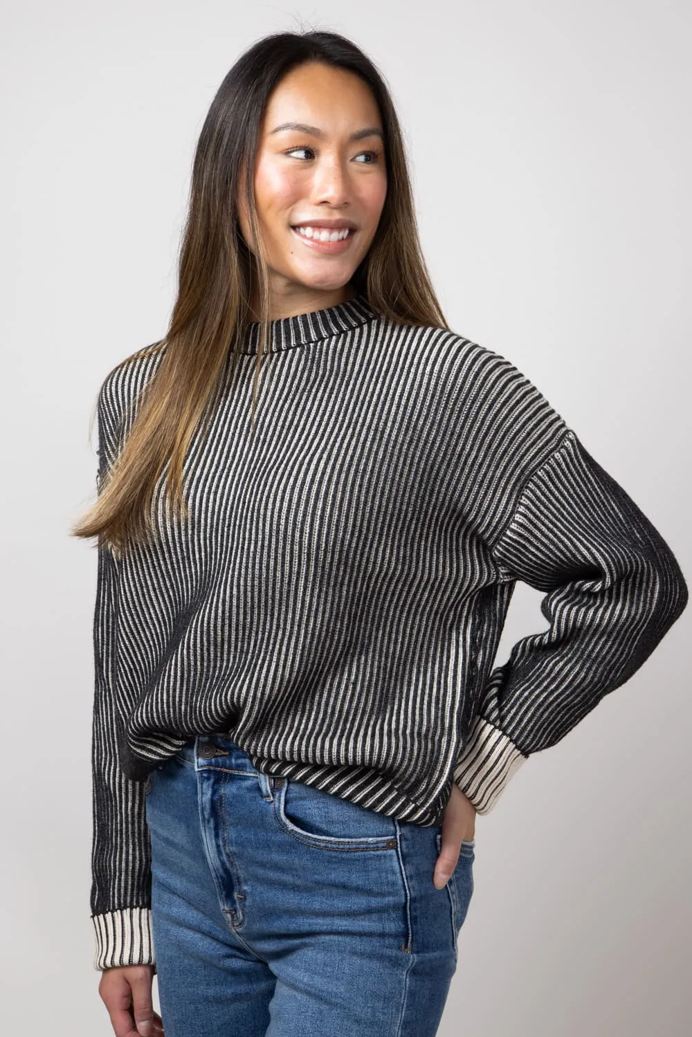 Elan Ombre Ribbed Sweater for Women in Black/White | SW11273-BLKWHT