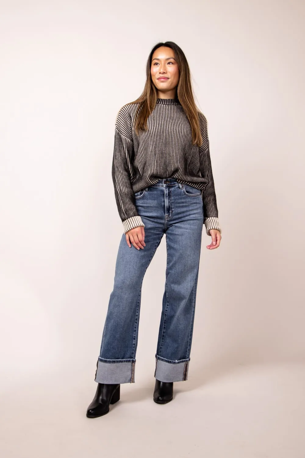 Elan Ombre Ribbed Sweater for Women in Black/White | SW11273-BLKWHT