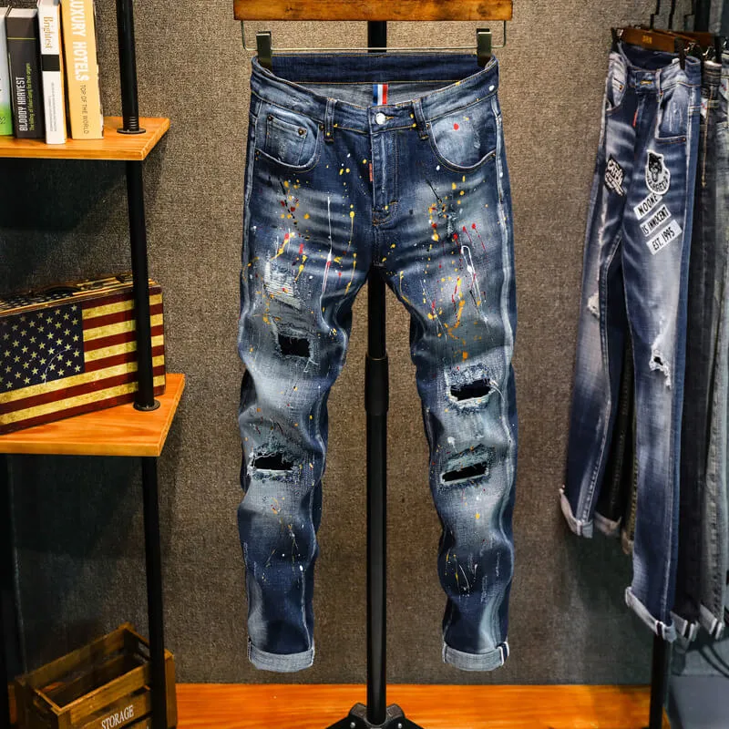 Elasticity Fit Slim Jeans Straight Pants Men's Ripped Jeans