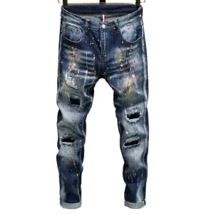 Elasticity Fit Slim Jeans Straight Pants Men's Ripped Jeans