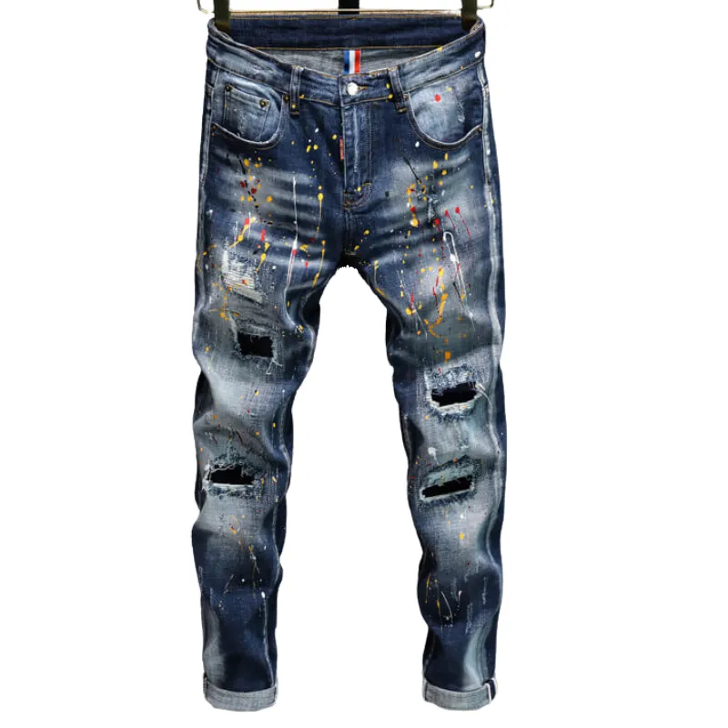 Elasticity Fit Slim Jeans Straight Pants Men's Ripped Jeans