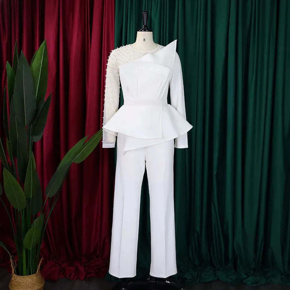Elegant Beaded Transparent Sleeve High Waisted Jumpsuit