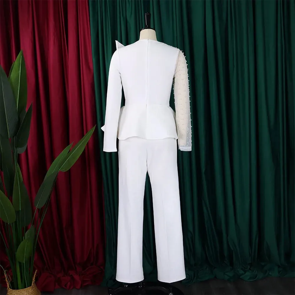 Elegant Beaded Transparent Sleeve High Waisted Jumpsuit