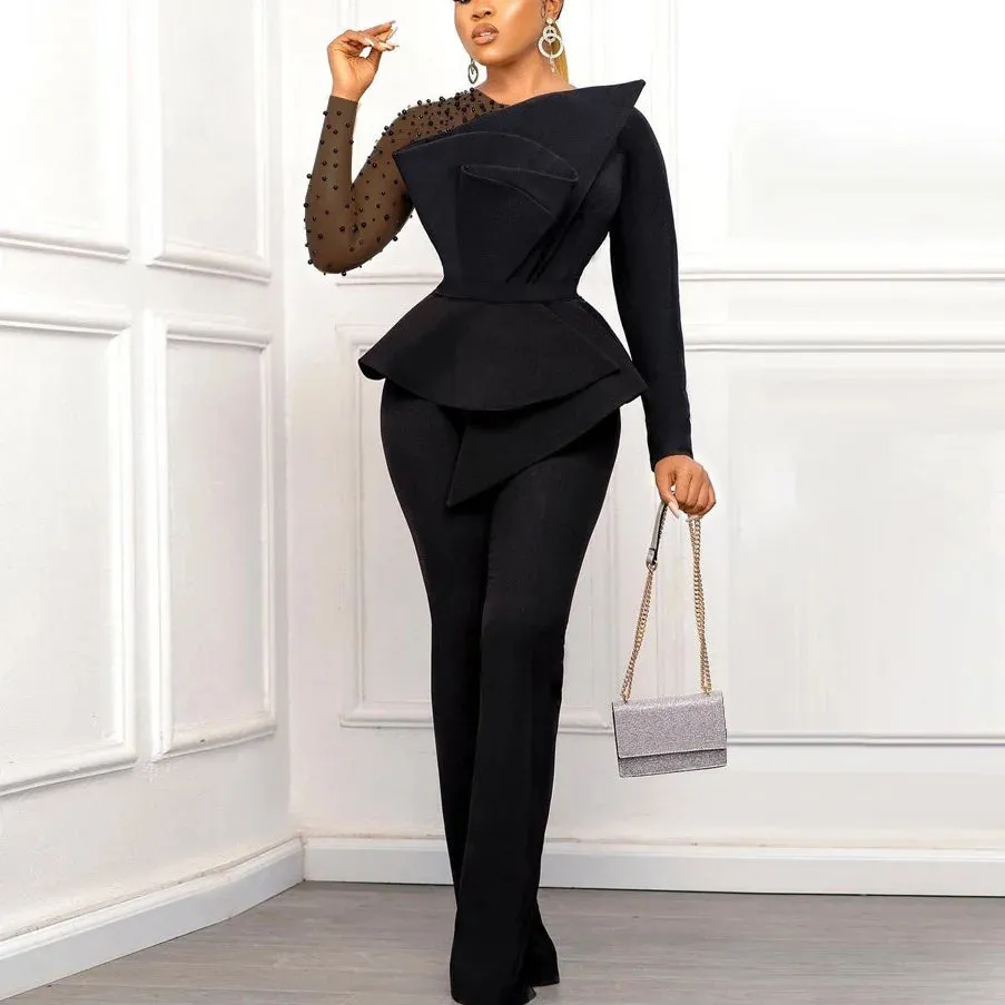 Elegant Beaded Transparent Sleeve High Waisted Jumpsuit