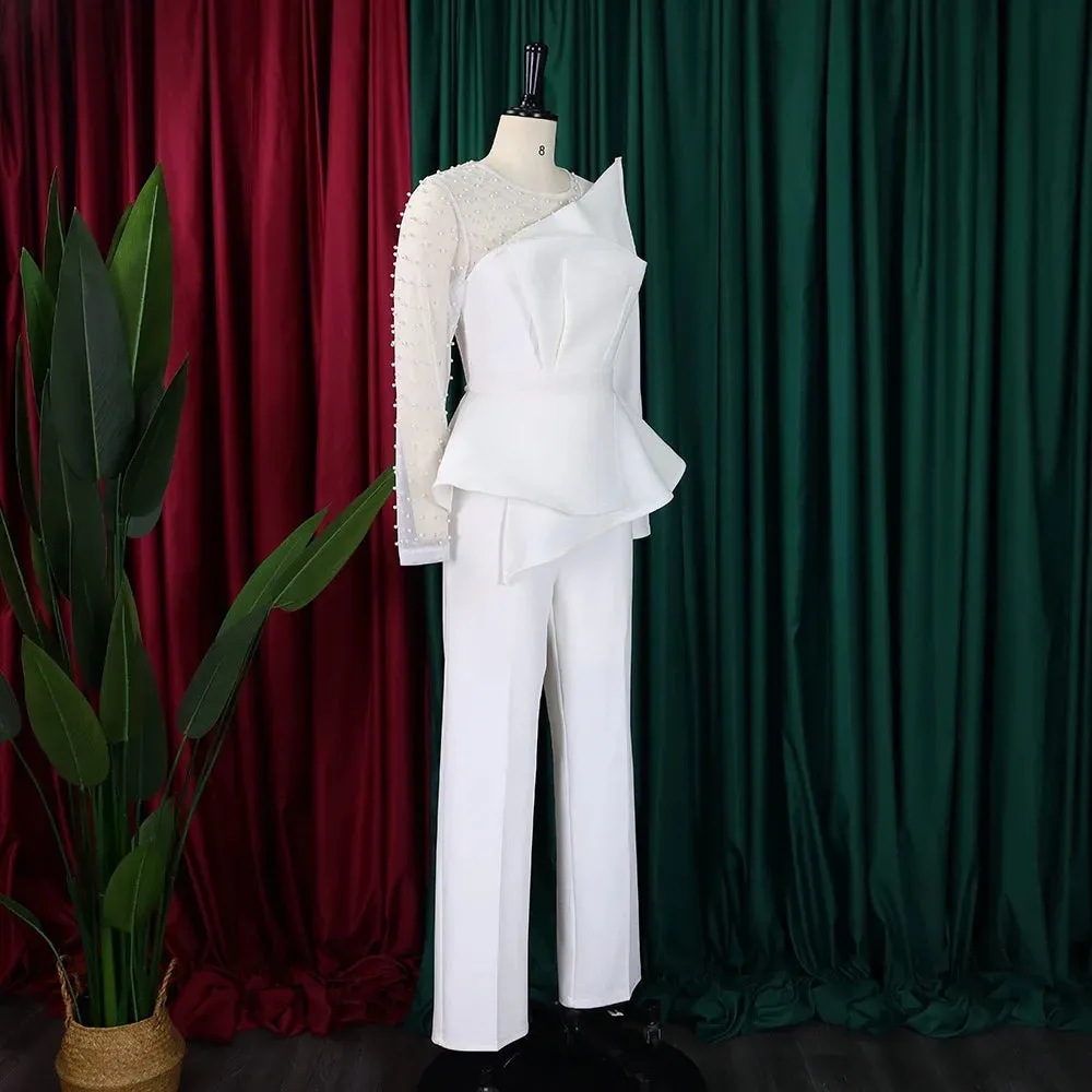 Elegant Beaded Transparent Sleeve High Waisted Jumpsuit