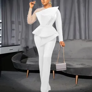 Elegant Beaded Transparent Sleeve High Waisted Jumpsuit