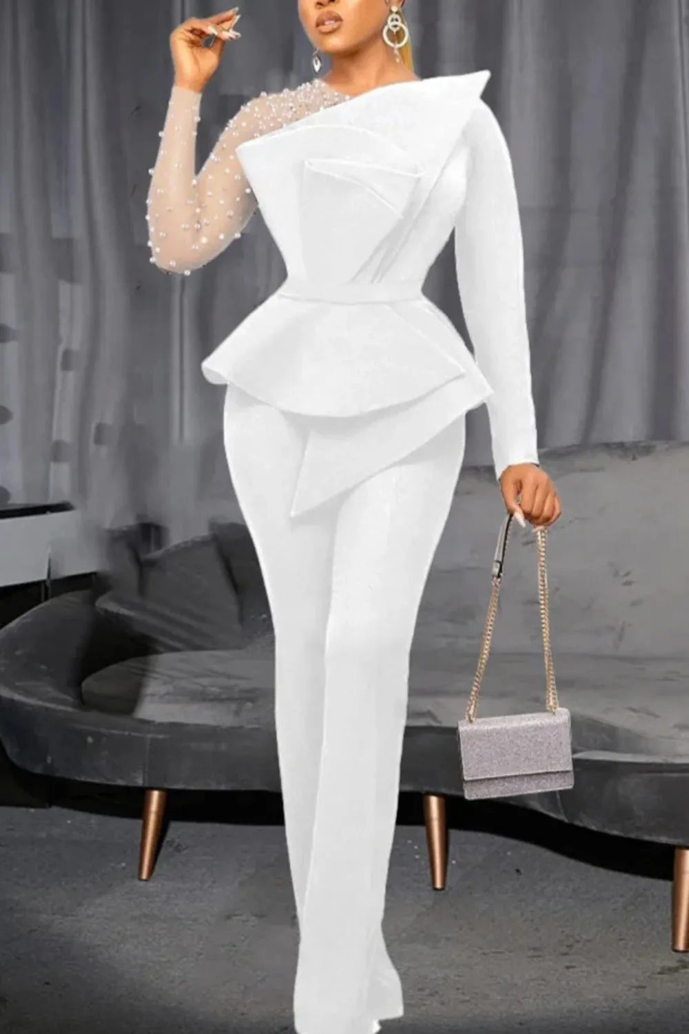Elegant Beaded Transparent Sleeve High Waisted Jumpsuit