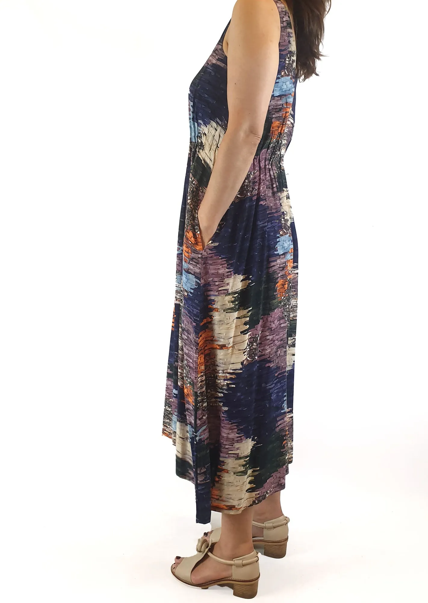 Elk beautiful sleevless multi coloured unique print dress size 6 (best fits size 8)