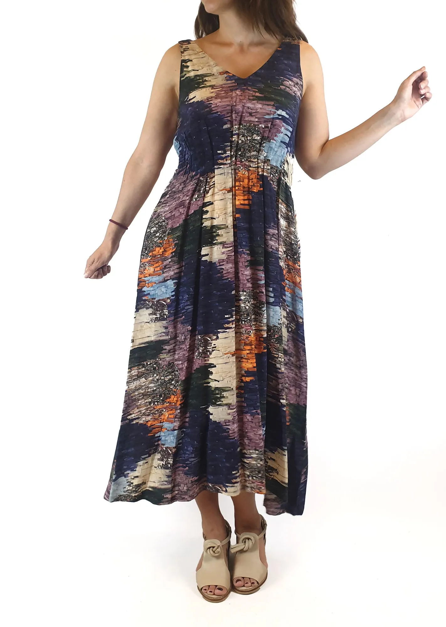 Elk beautiful sleevless multi coloured unique print dress size 6 (best fits size 8)