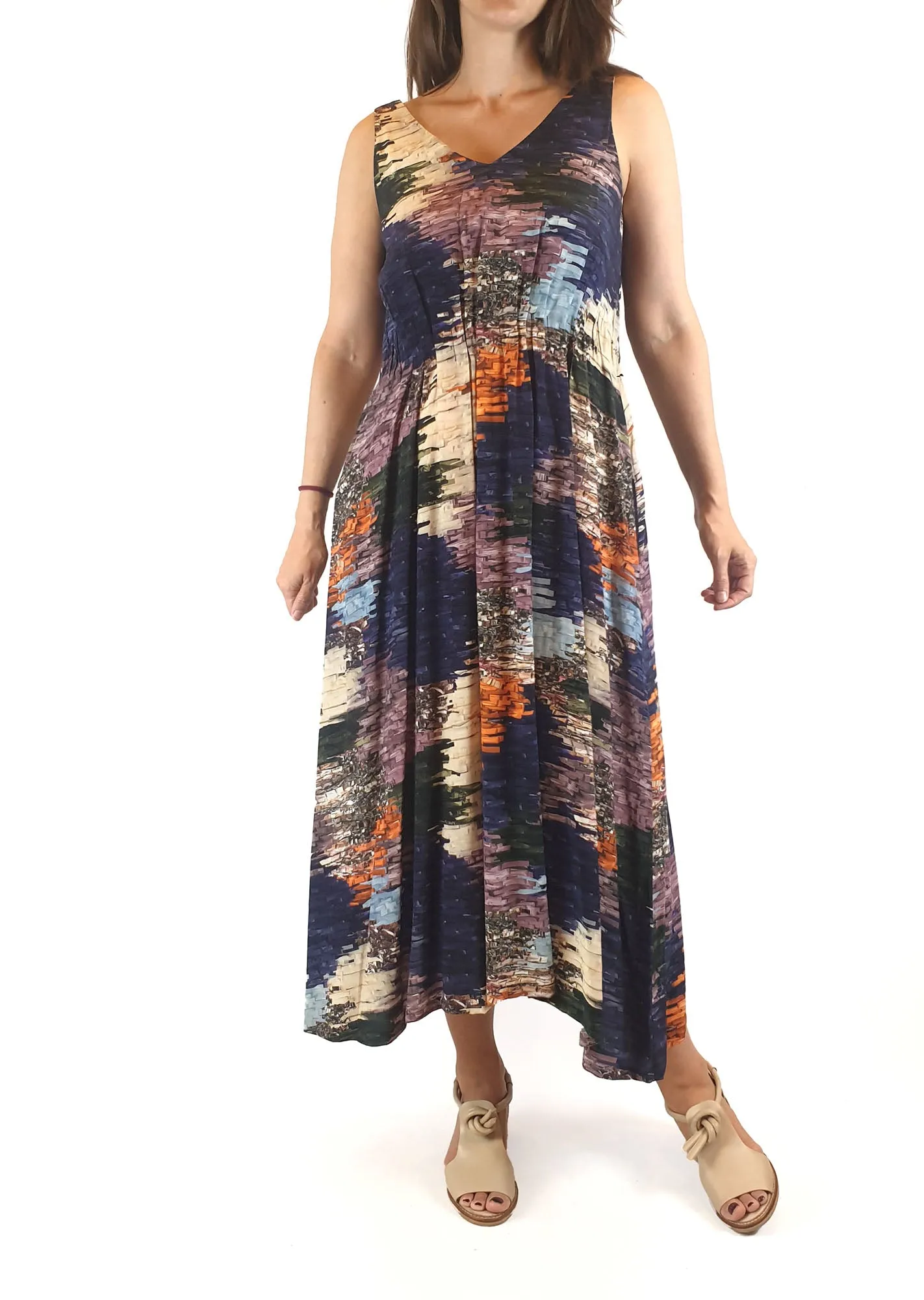 Elk beautiful sleevless multi coloured unique print dress size 6 (best fits size 8)
