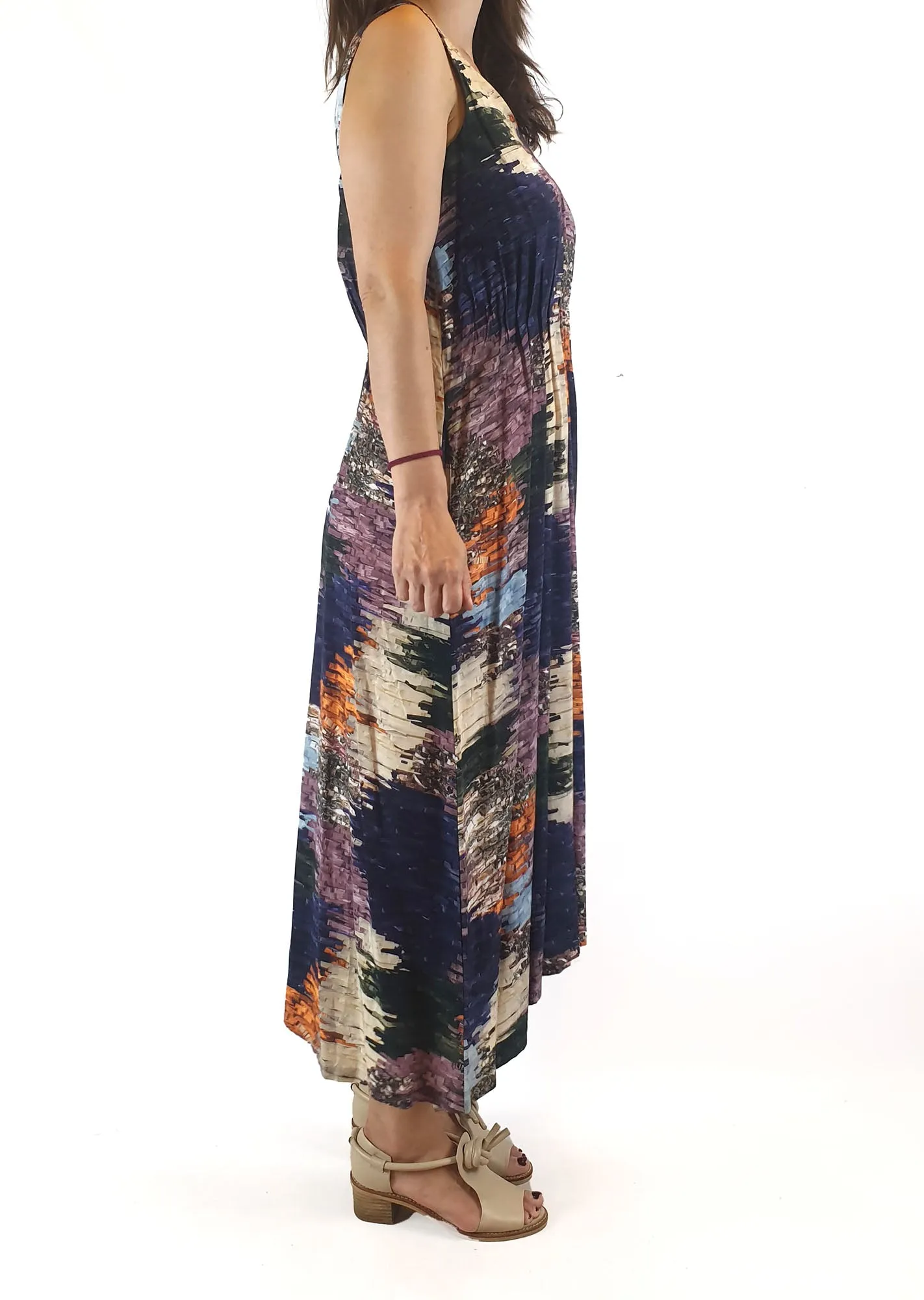 Elk beautiful sleevless multi coloured unique print dress size 6 (best fits size 8)