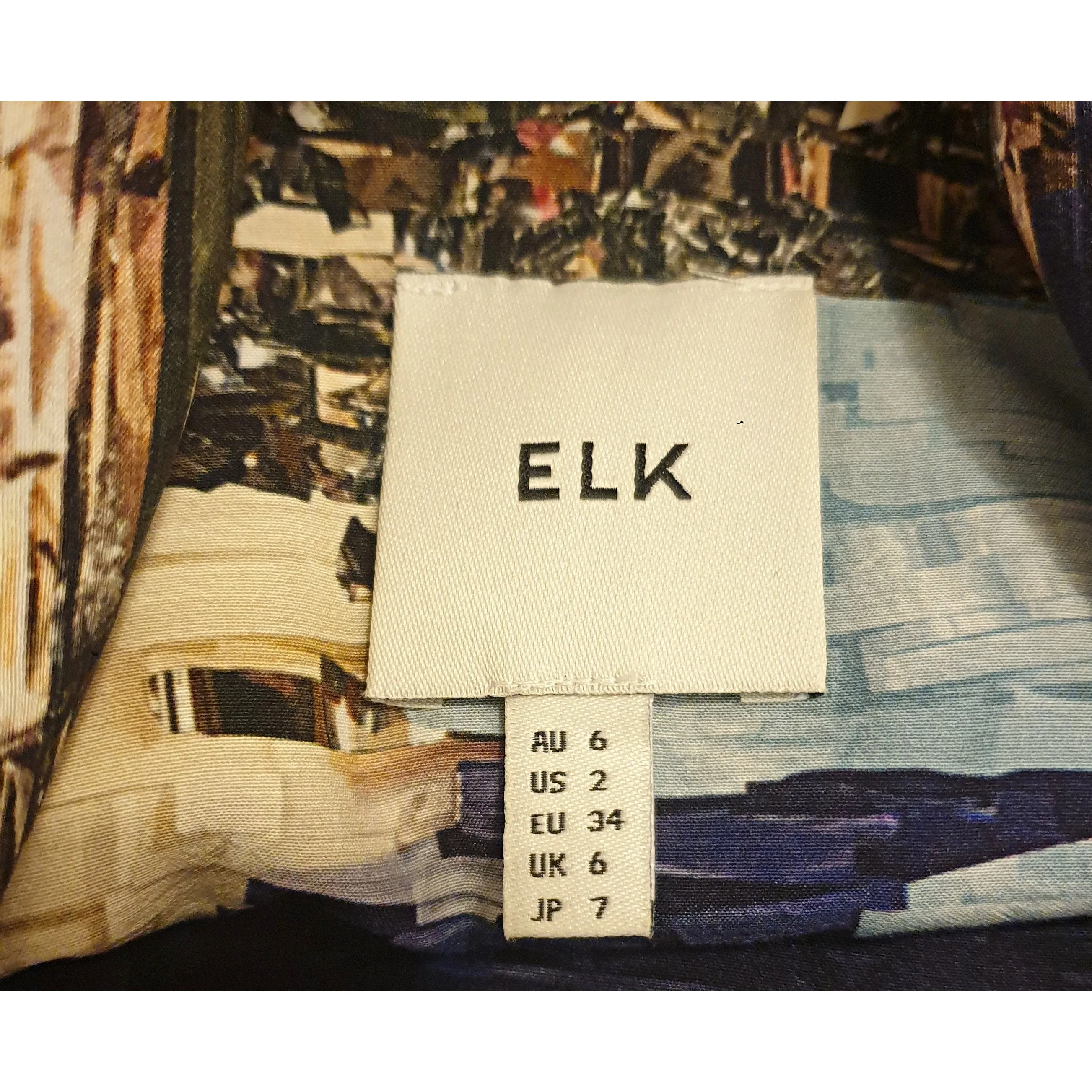 Elk beautiful sleevless multi coloured unique print dress size 6 (best fits size 8)