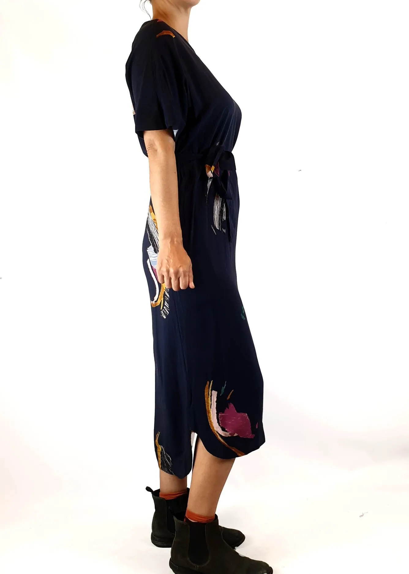 Elk navy maxi dress with lovely subtle print size 6, best fits 6-8