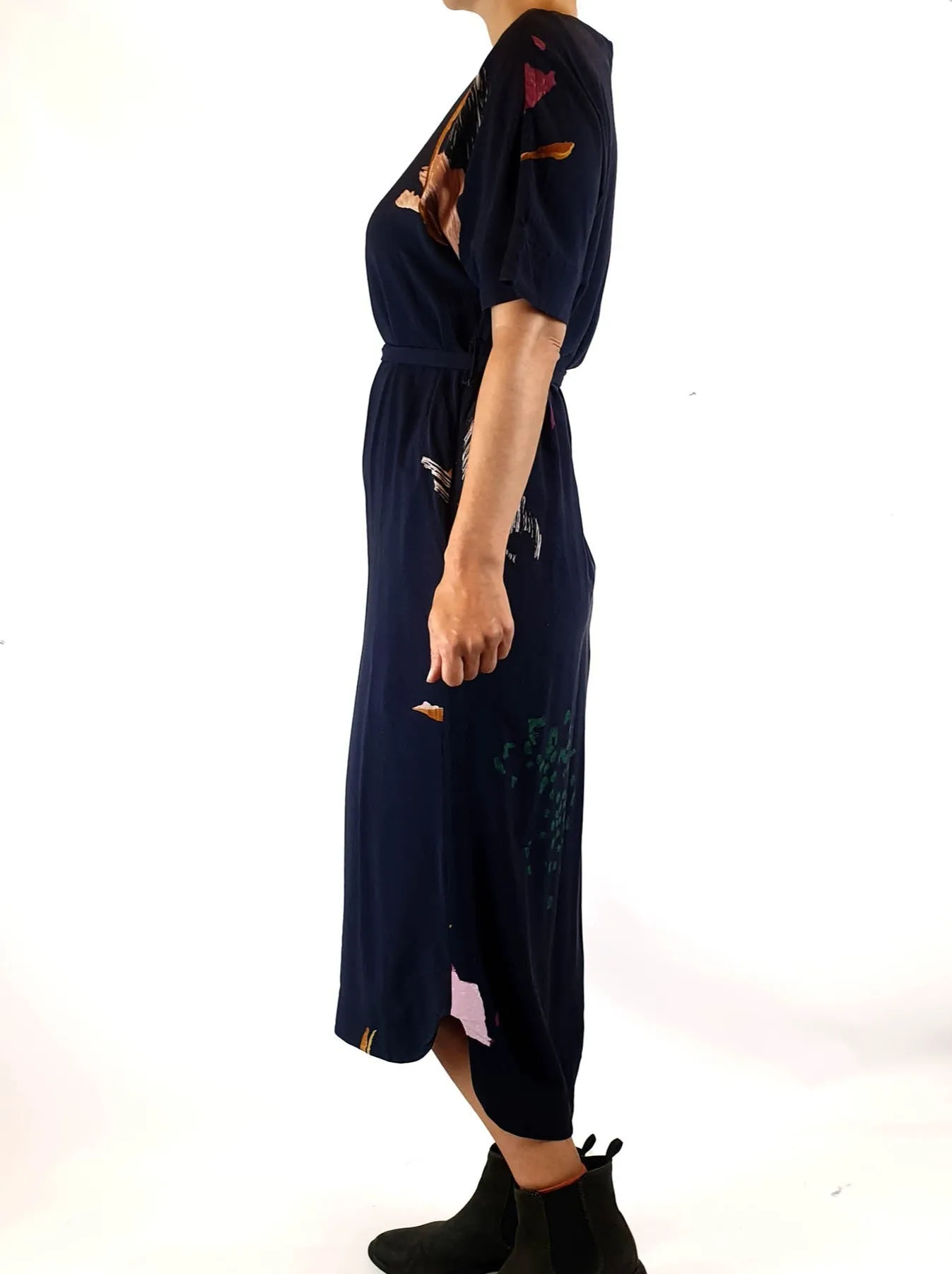 Elk navy maxi dress with lovely subtle print size 6, best fits 6-8