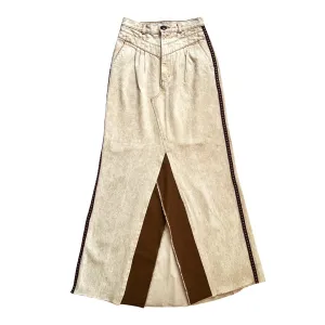 Embellished Denim Skirt in Paneled Beige & Brown