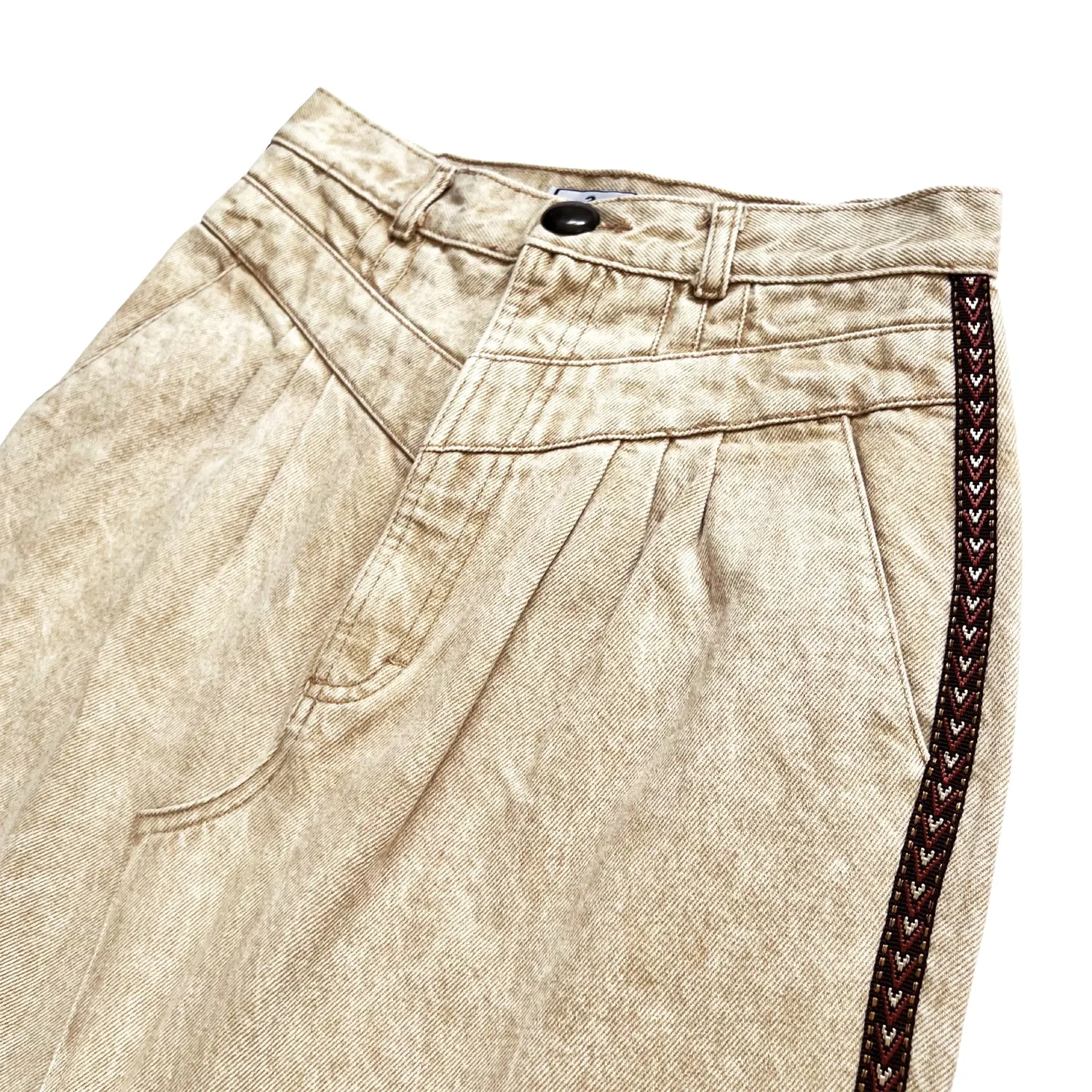 Embellished Denim Skirt in Paneled Beige & Brown