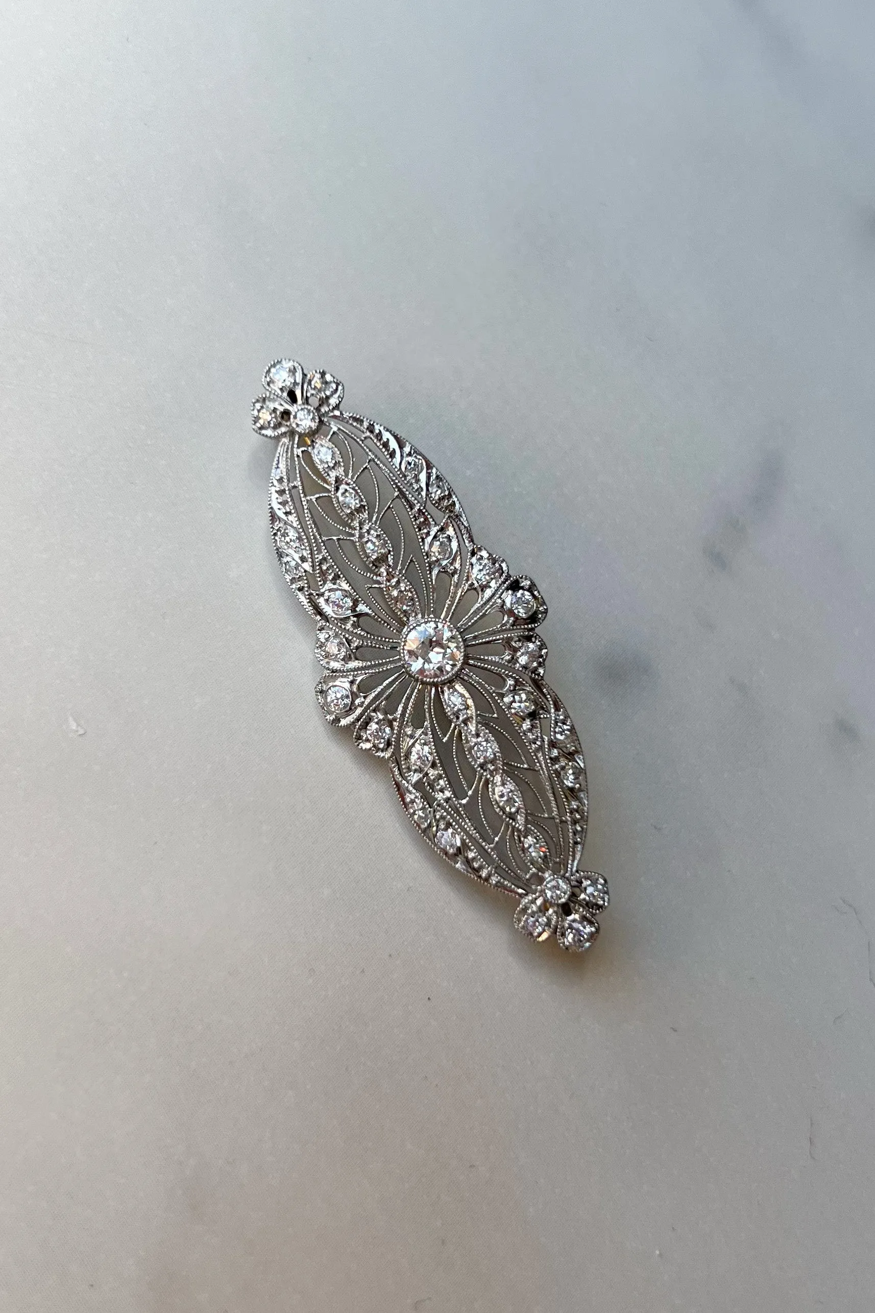 Estate Platinum and 14k Yellow Gold Edwardian Filigree Diamond Brooch