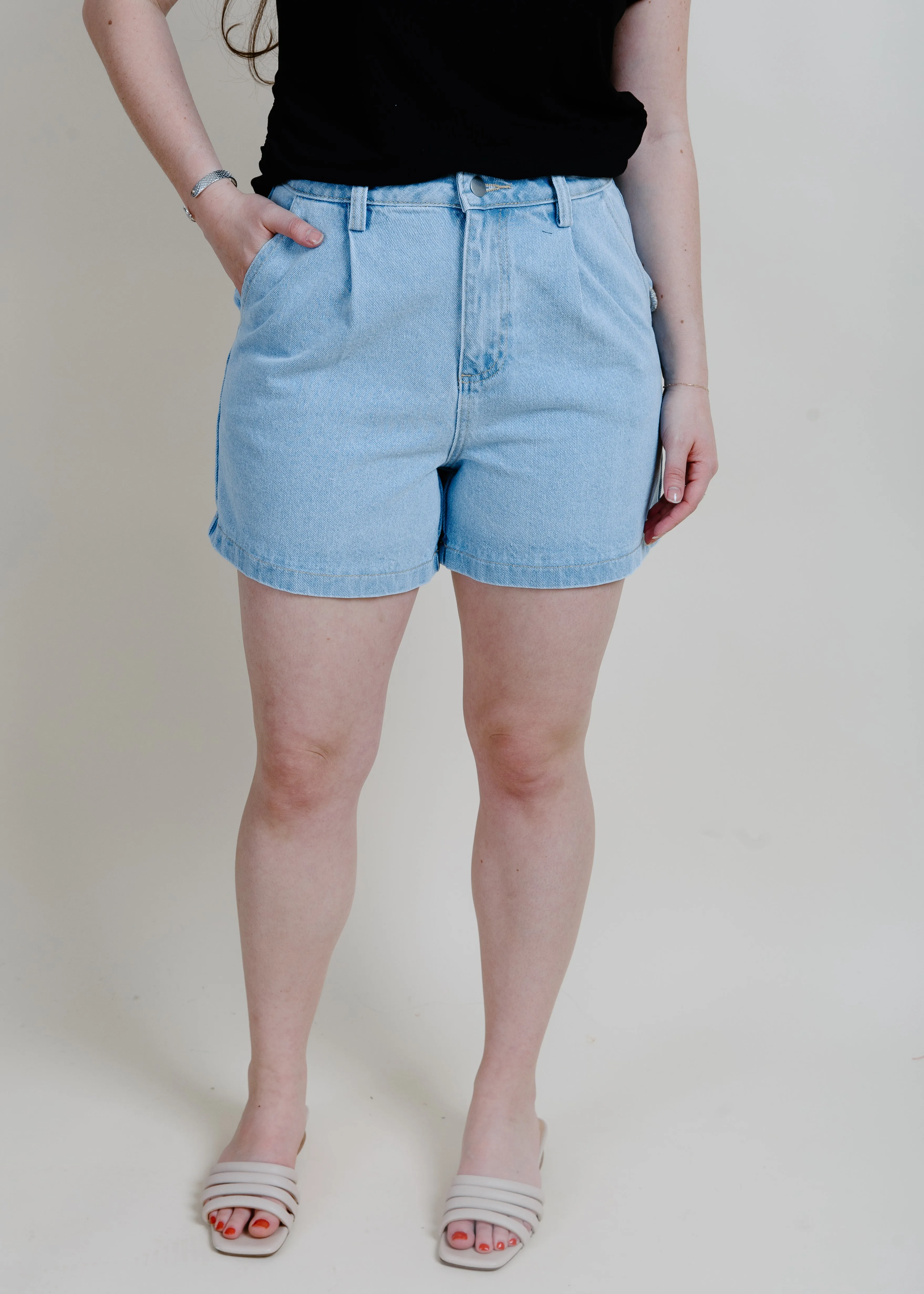 Evening Stroll Pleated Denim Shorts - Blue