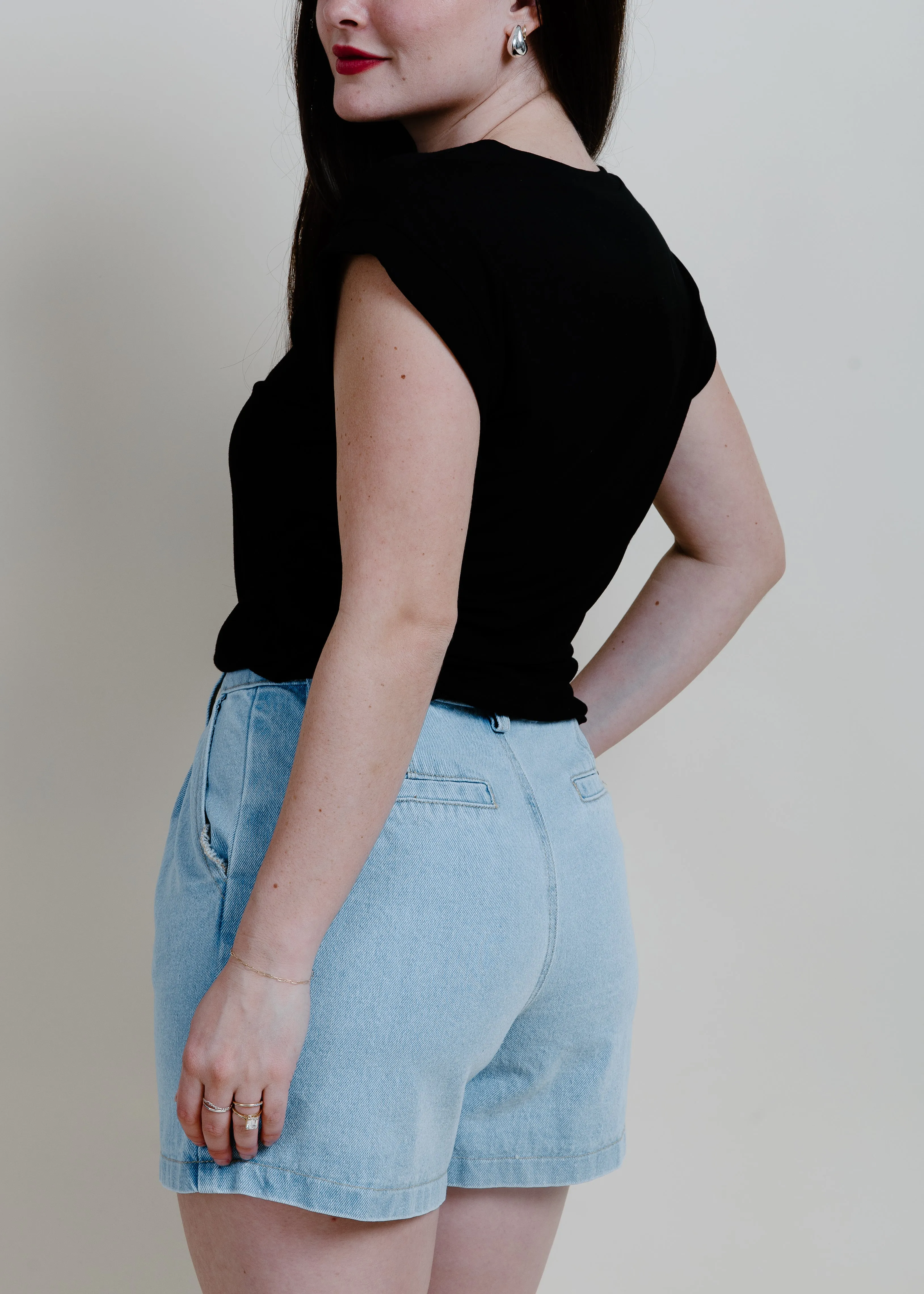 Evening Stroll Pleated Denim Shorts - Blue
