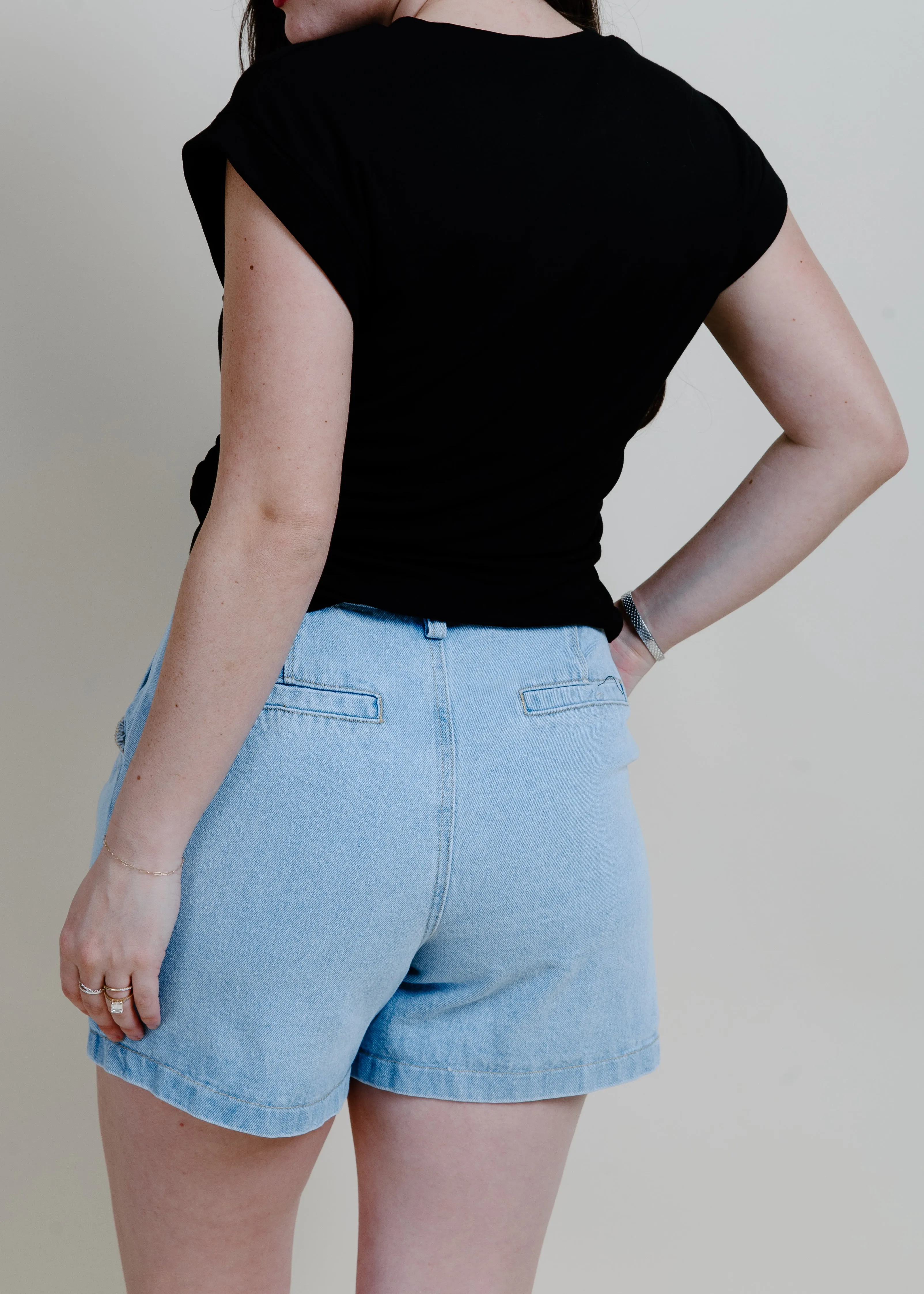 Evening Stroll Pleated Denim Shorts - Blue