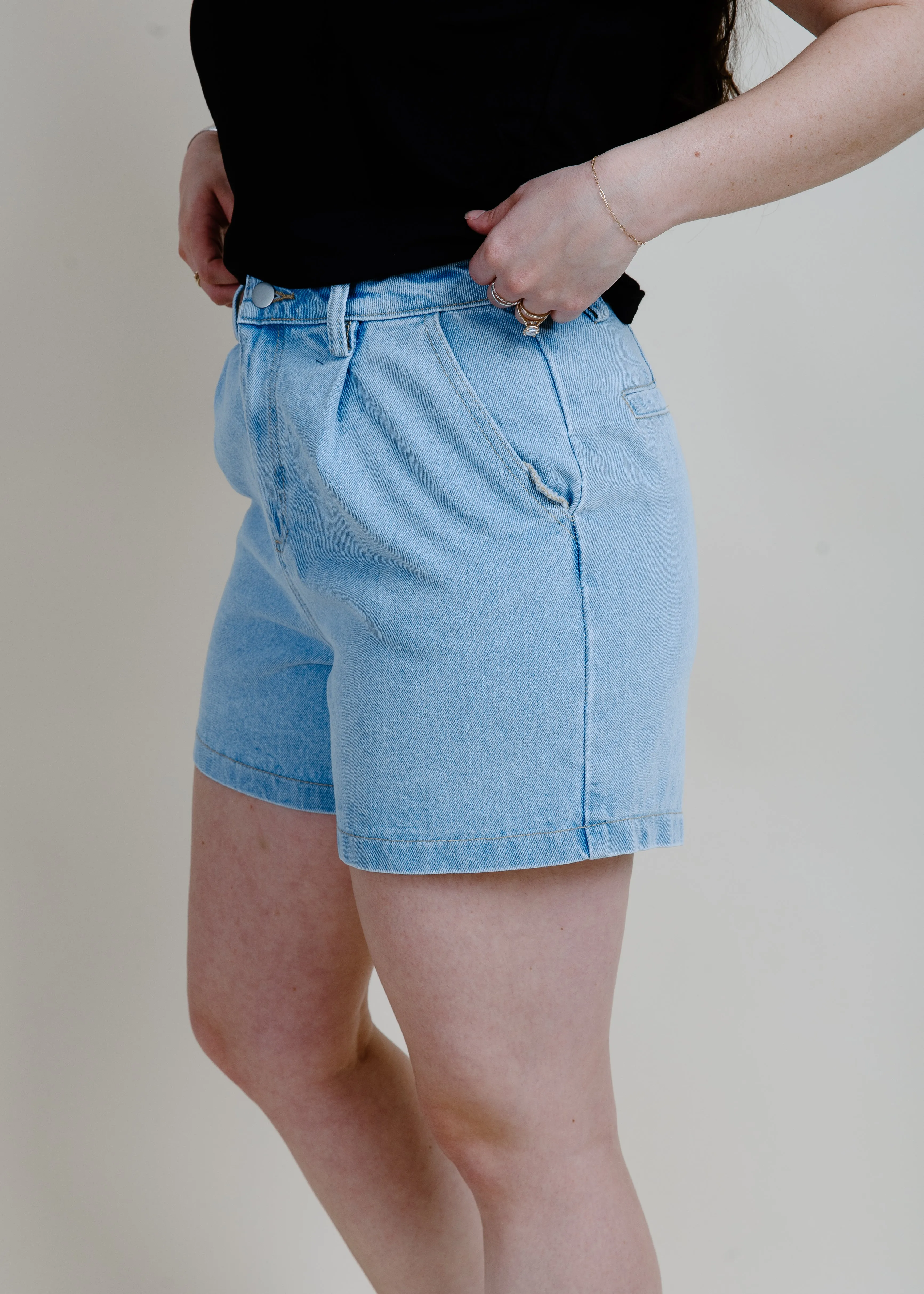 Evening Stroll Pleated Denim Shorts - Blue