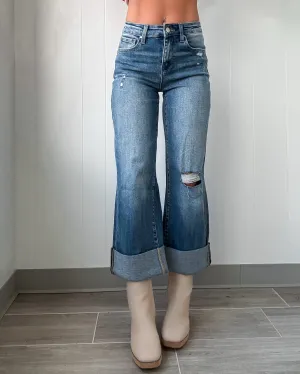 Everly Straight Leg Cuffed Jeans - Medium Wash