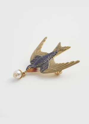Fable England Swallow & Pearl Brooch Blue