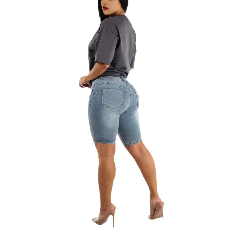 Fashion Solid Slim Fit Denim Shorts for Women