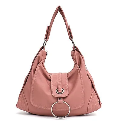 Fashion Vegan Leather Large Hobo Bag Women Washed PU Shoulder Bag Metal Ring Flap Ladies Brand Design Tote Female Handbag