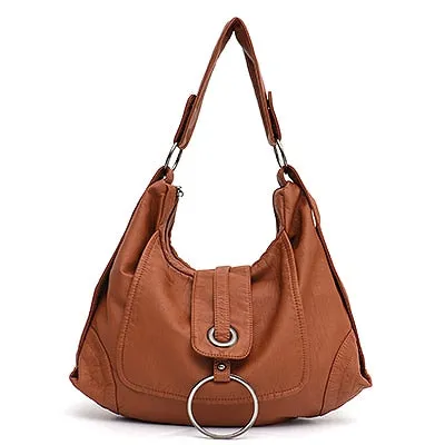 Fashion Vegan Leather Large Hobo Bag Women Washed PU Shoulder Bag Metal Ring Flap Ladies Brand Design Tote Female Handbag