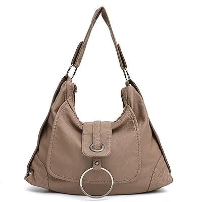 Fashion Vegan Leather Large Hobo Bag Women Washed PU Shoulder Bag Metal Ring Flap Ladies Brand Design Tote Female Handbag