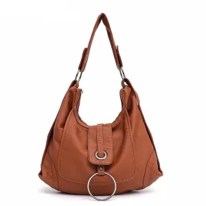 Fashion Vegan Leather Large Hobo Bag Women Washed PU Shoulder Bag Metal Ring Flap Ladies Brand Design Tote Female Handbag