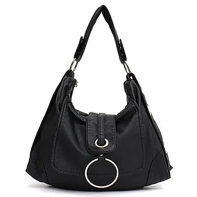 Fashion Vegan Leather Large Hobo Bag Women Washed PU Shoulder Bag Metal Ring Flap Ladies Brand Design Tote Female Handbag