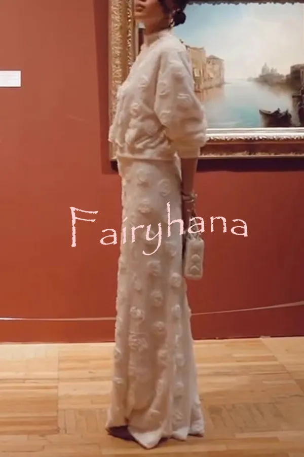 Fashionable 3D Floral Decoration Loose Long-sleeved Top