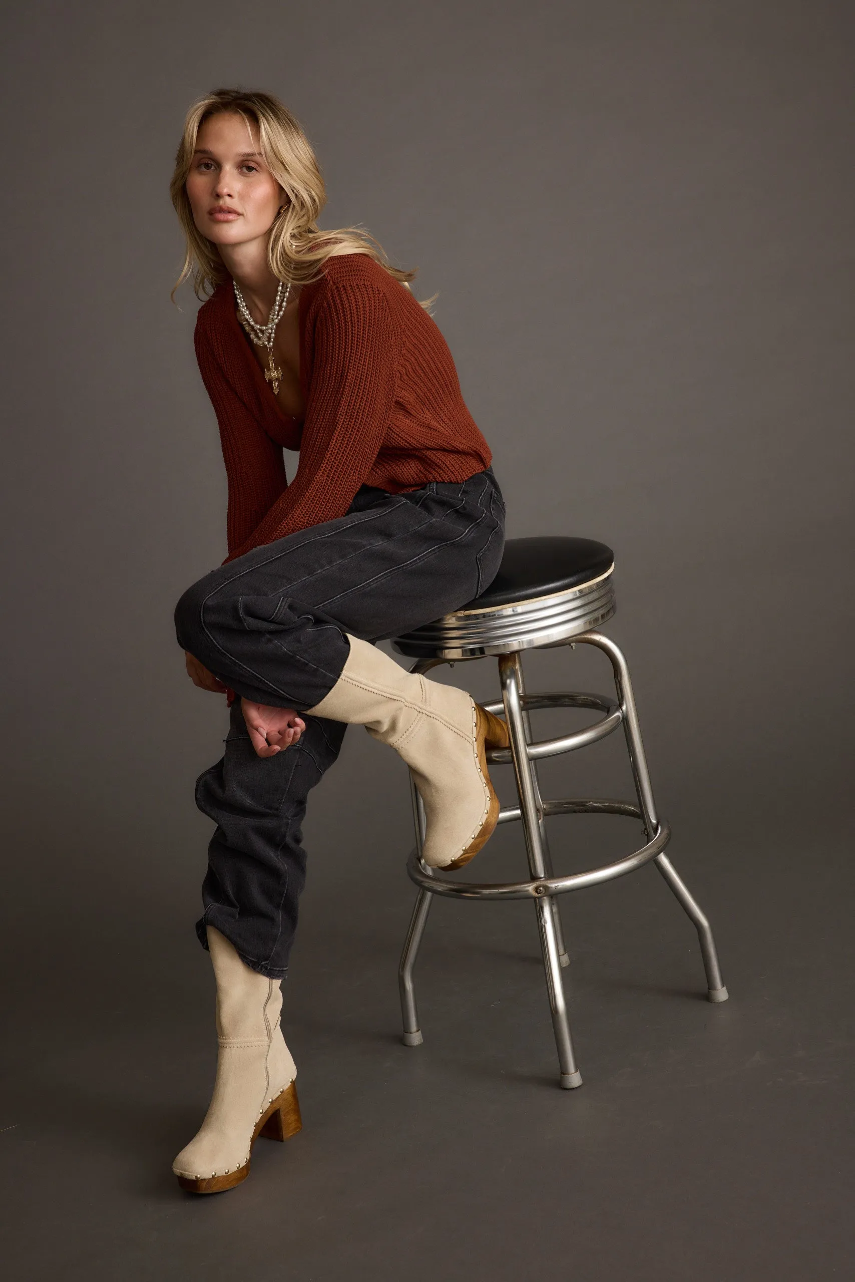 Fawn Rust Long Sleeve Split Front Knit Top