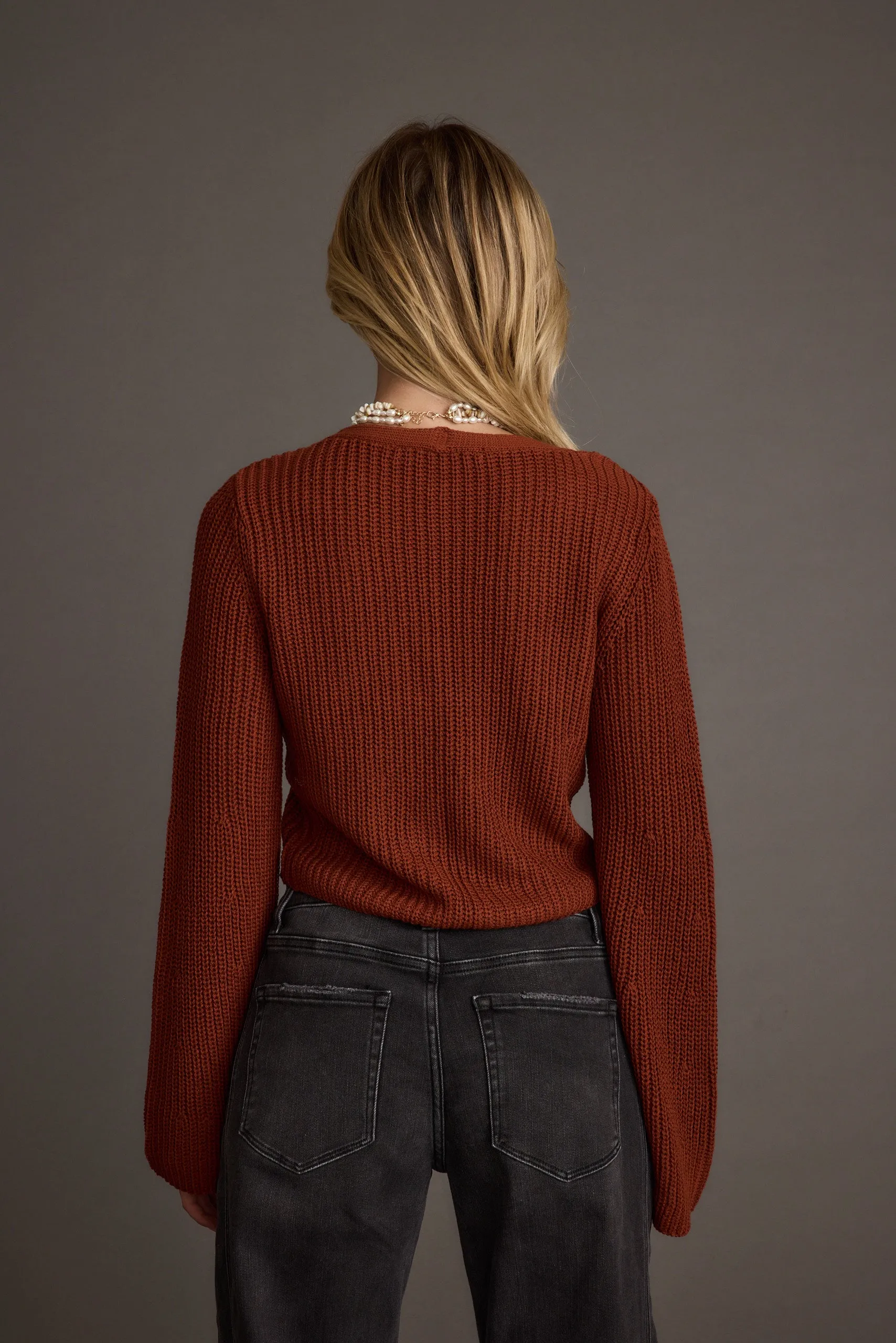 Fawn Rust Long Sleeve Split Front Knit Top